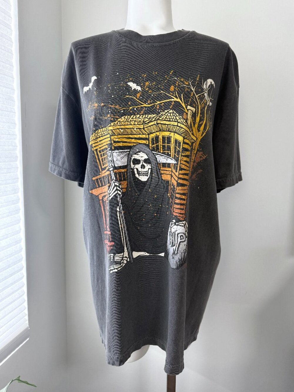 Unisex Grim Reaper Haunted House Charcoal Grey T-Shirt (Comfort Colors)
